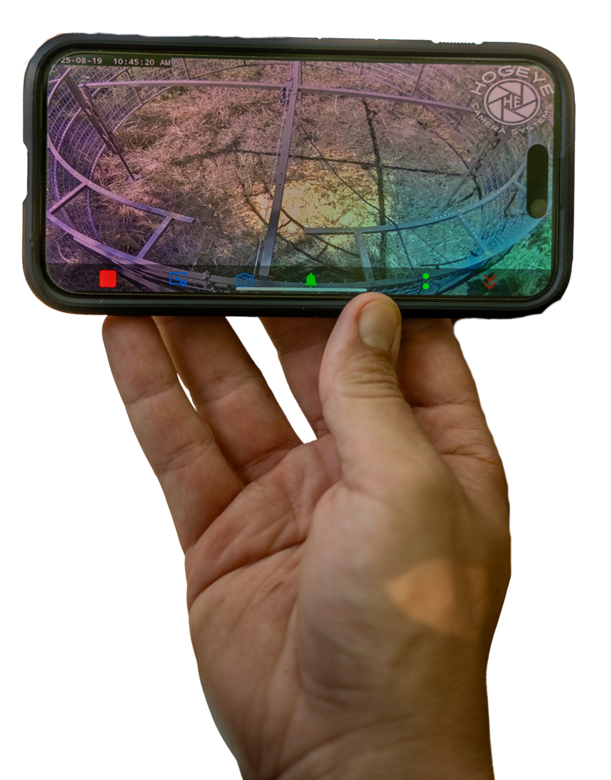 Hands holding a smartphone displaying a HogEye camera app map Hands holding a smartphone displaying a HogEye camera app map