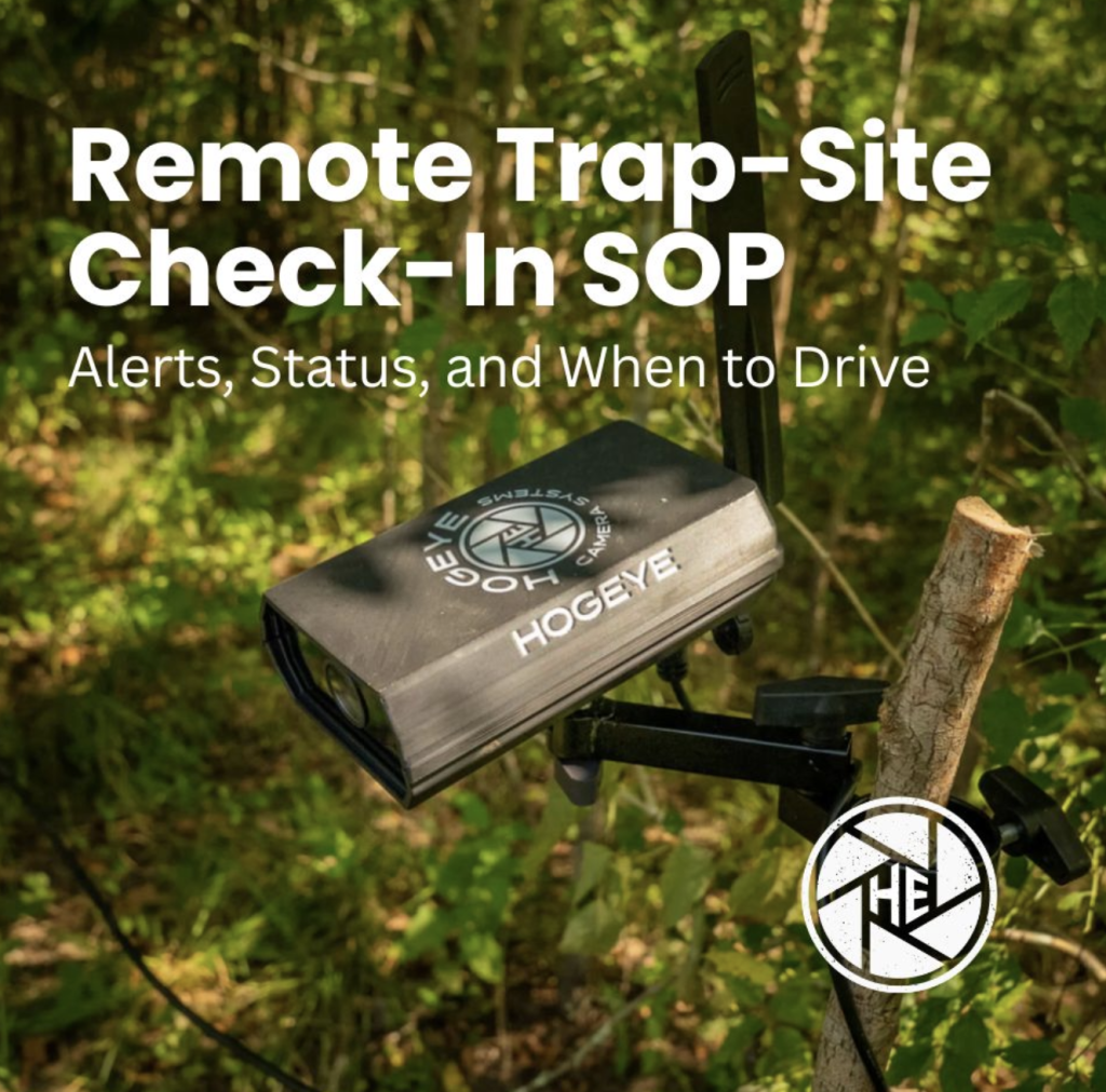 Camera trap device mounted on a stake in a forest, with 'Remote Trap-Site Check-In SOP' text overlay.