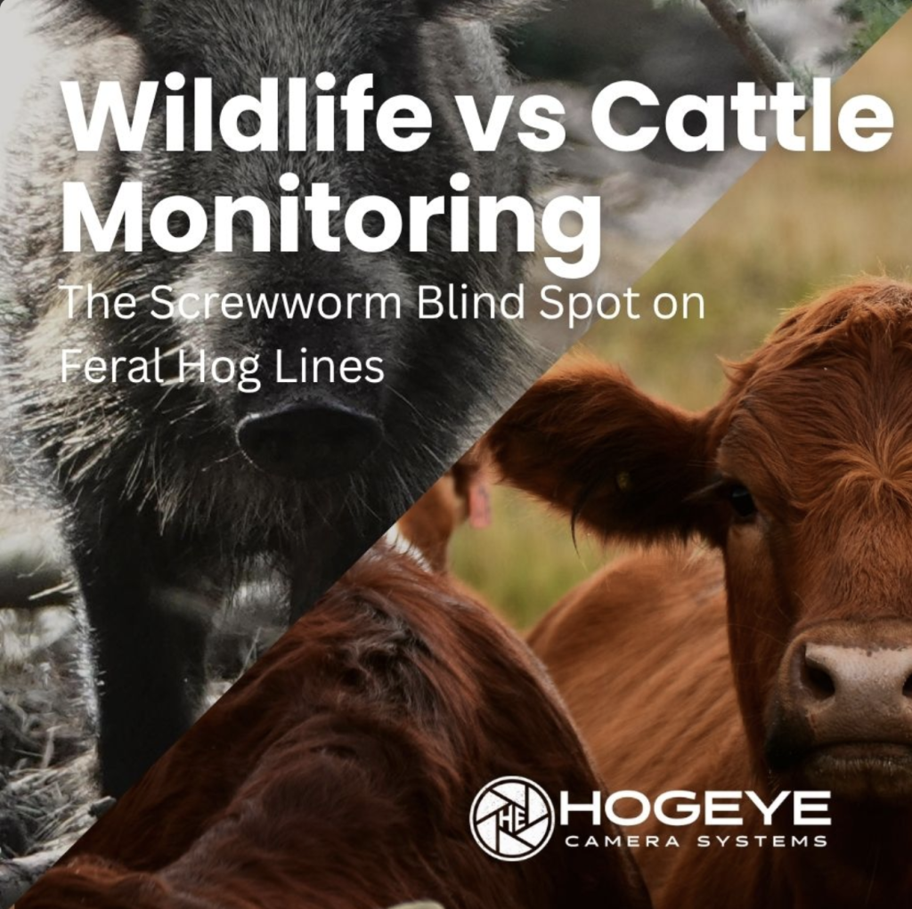 Banner showing a boar and a cow with the title 'Wildlife vs Cattle Monitoring' and HogEye logo.