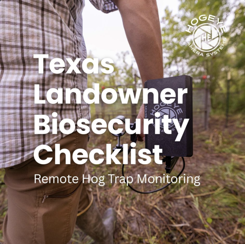Person in a plaid shirt holds a remote hog trap monitor in a field; cover image for Texas landowner biosecurity checklist: Remote Hog Trap Monitoring.