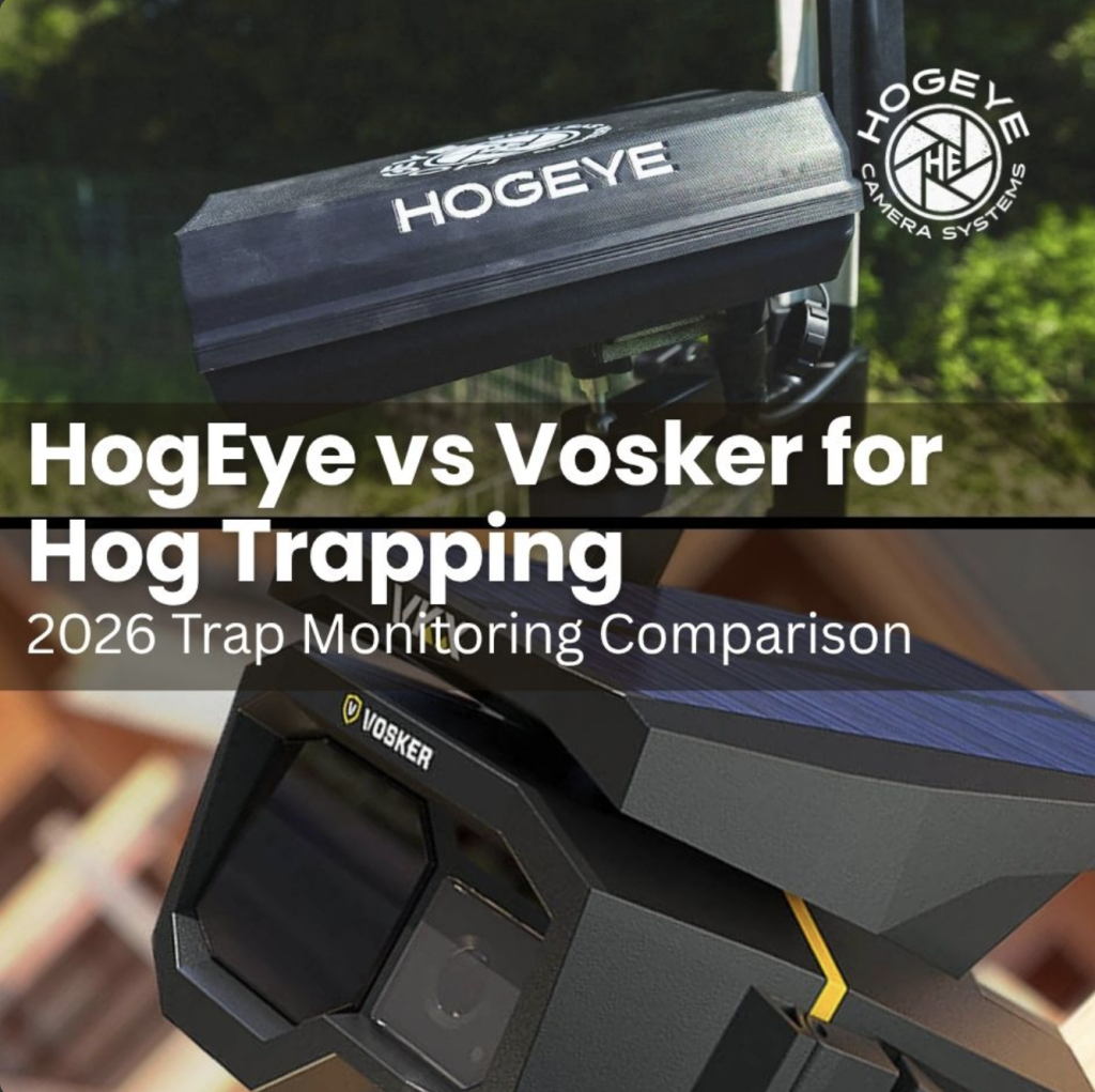 Comparison thumbnail for hog trapping cameras: 'HogEye vs Vosker for Hog Trapping' with two camera devices in a field and bold white text overlay.